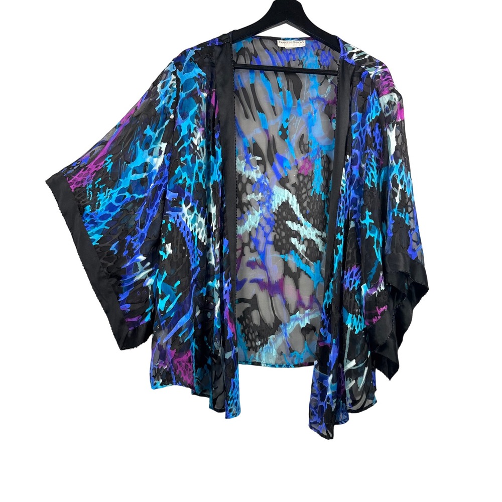 Drapers Damons Blue Burnout silk blend sheer kimono floral duster fairy sz M